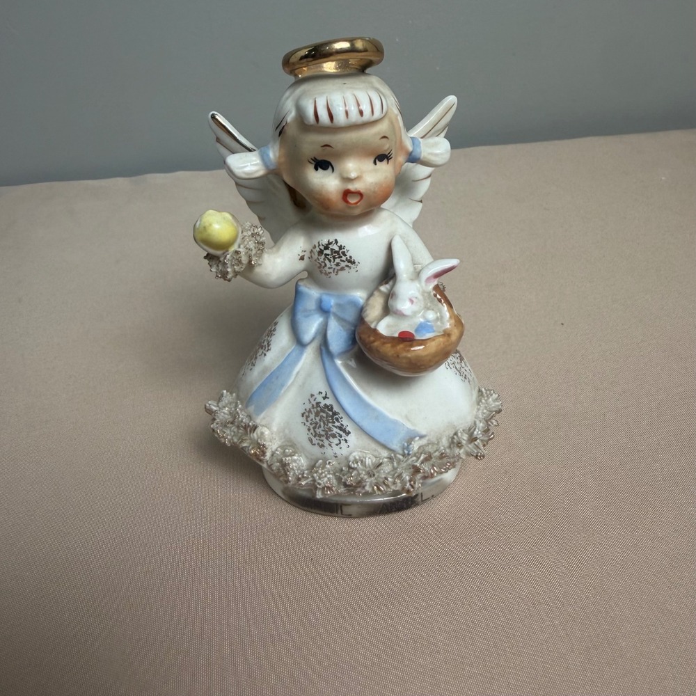 Vintage Lefton April Angel Figurine AR1987 Birthday Easter Bunny Spaghetti Trim